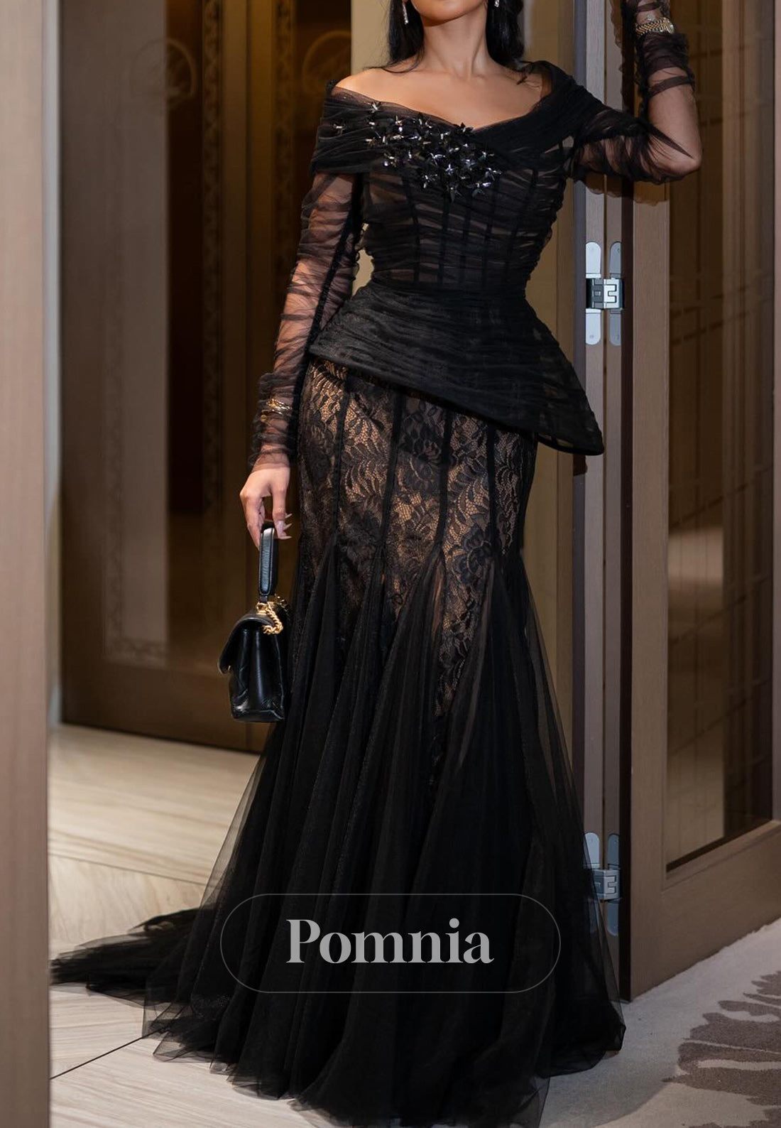 Black Long Sleeves Scoop Corset Tulle Evening Dress