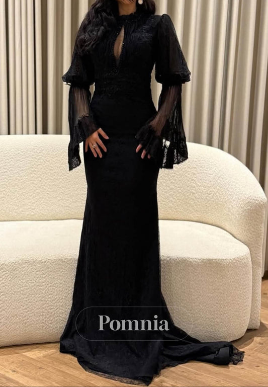 Black Long Sleeves Scoop Empire-Waist Prom Dress