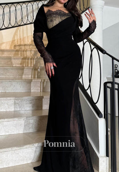 Black Long Sleeves Scoop Ruched Evening Dress