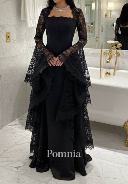 Black Long Sleeves Square Ruffles A-Line Prom Dress