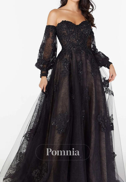 Black Long Sleeves Sweetheart Floral Appliques Wedding Dress