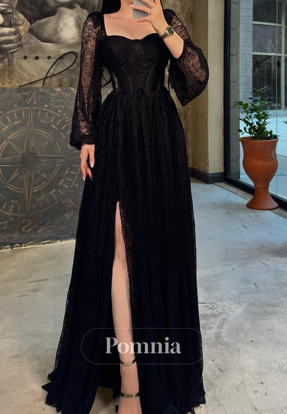 Black Long Sleeves Sweetheart Slit A-Line Prom Dress