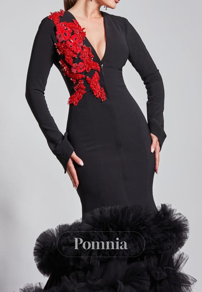 Black Long Sleeves V-Neck Appliques Mermaid Evening Dress