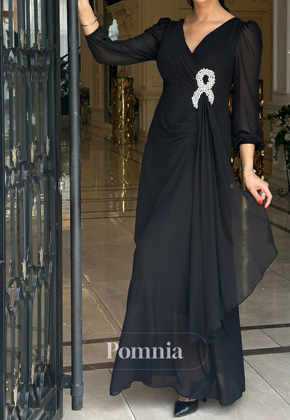 Black Long Sleeves V-Neck Beads Chiffon Mother of the Bride Dress