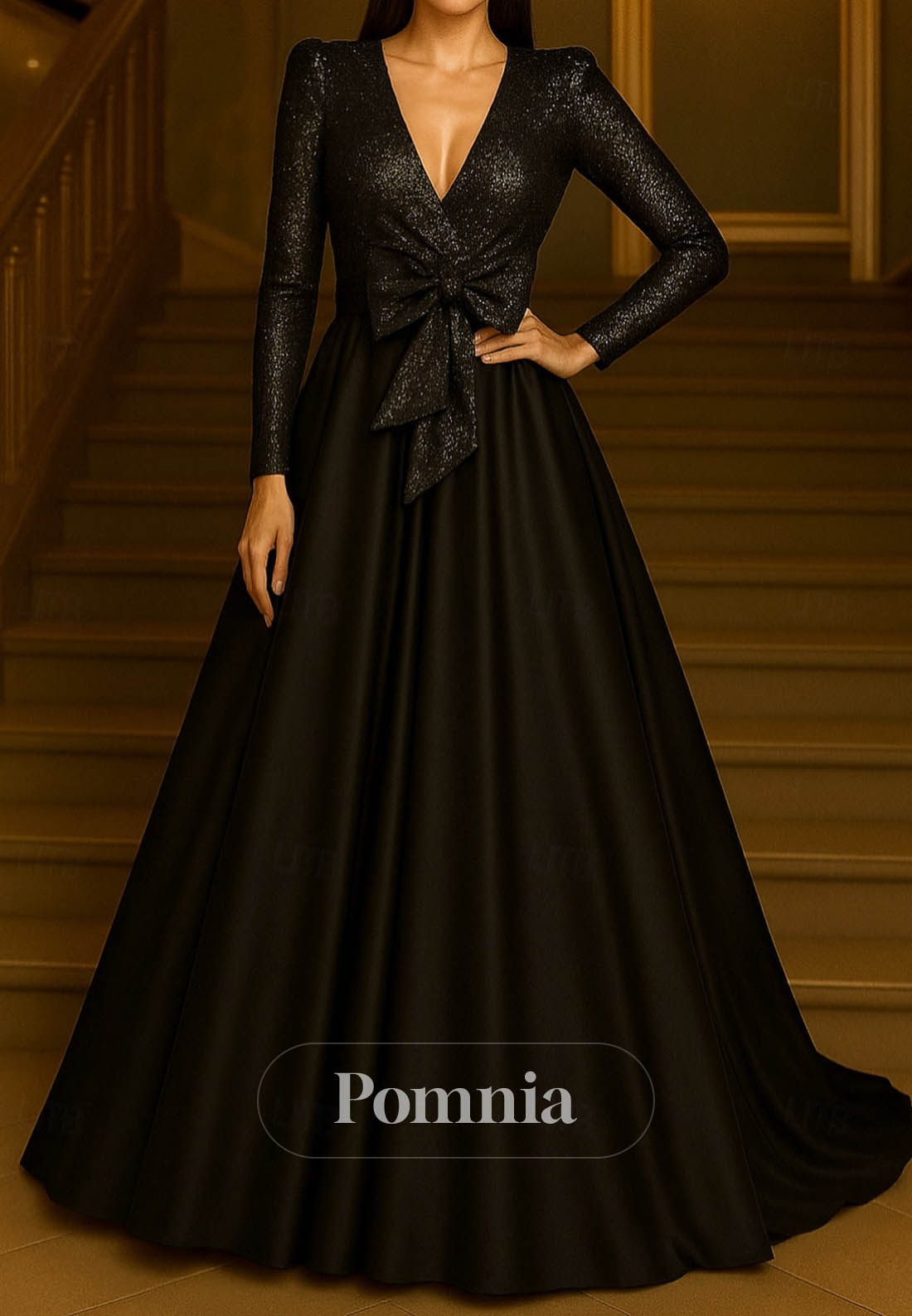 Black Long Sleeves V-Neck Empire-Waist Evening Dress