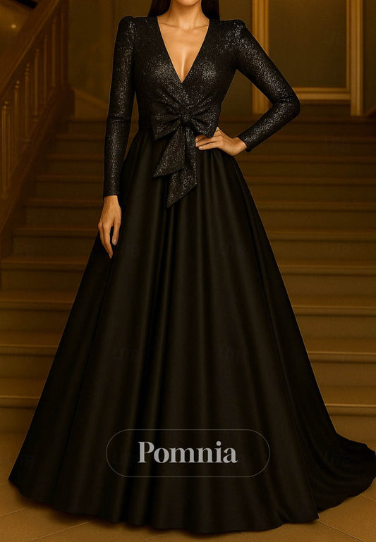 Black Long Sleeves V-Neck Empire-Waist Evening Dress