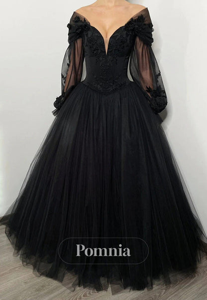 Black Long Sleeves V-Neck Empire-Waist Wedding Dress