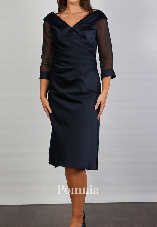 Black Long Sleeves V-Neck Knee-Length  Mother of the Bride Dress