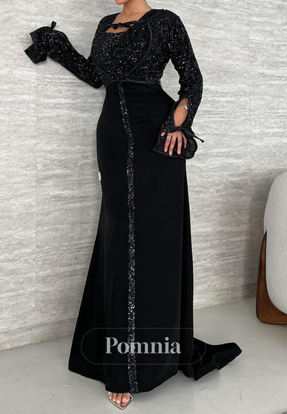 Black Long Sleeves V-Neck Sequins Corset Mermaid Evening Dress