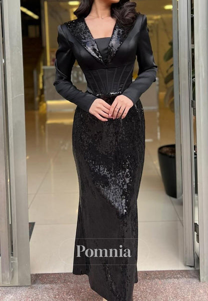 Black Long Sleeves V-Neck Sequins Work Dress