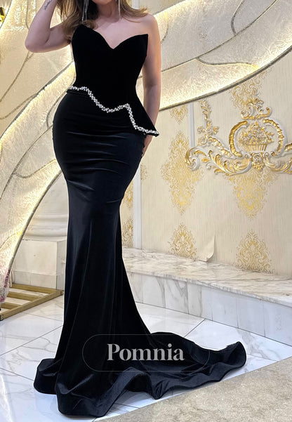 Black Mermaid Sleeveless Strapless Beads Evening Dress