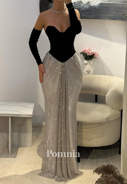 Black Off-Shoulder Half Sleeves Ruched Prom Dress