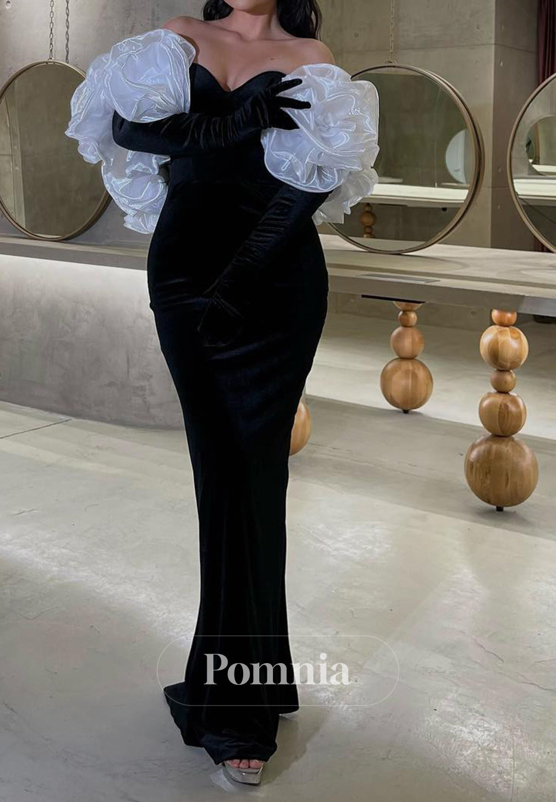 Black Off-Shoulder Half Sleeves Sheath Evening Dress