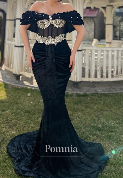 Black Off-Shoulder Sleeveless Beads Mermaid Prom Dress