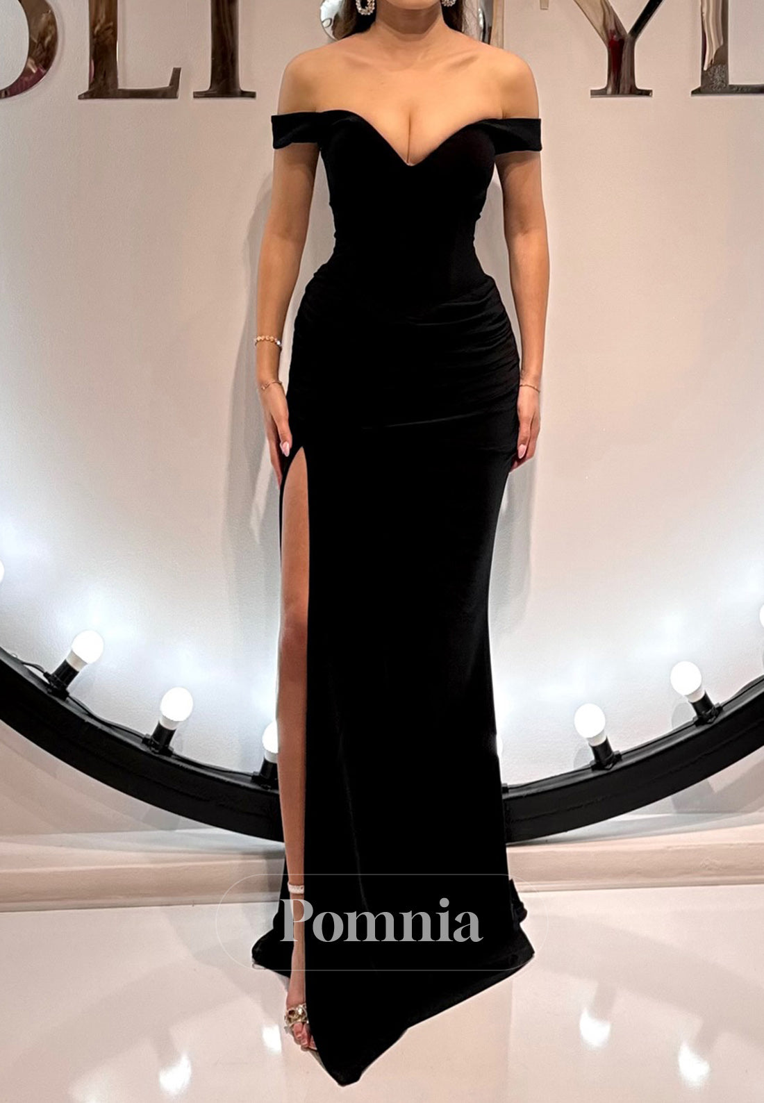 Black Off-Shoulder Sleeveless Slit Ruched Evening Dress