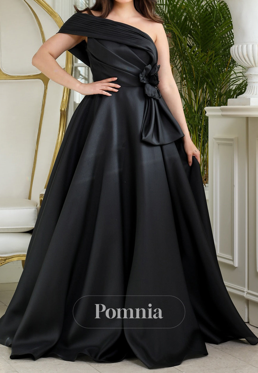Black One Shoulder A-Line Empire-Waist Ruched Evening Dress