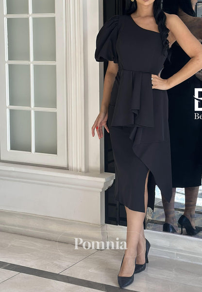 Black One Shoulder Short Sleeves Ruched Cocktail Dress