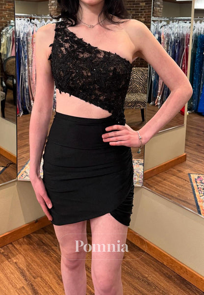 Black One Shoulder Sleeveless Corset Mini Homecoming Dress