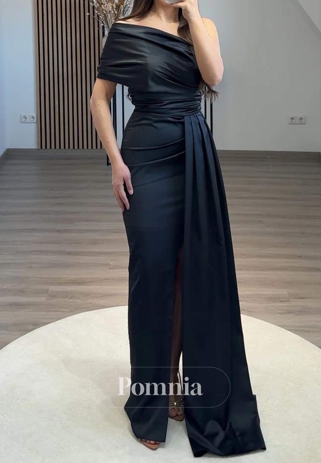 Black One Shoulder Sleeveless Ruched Evening Dress