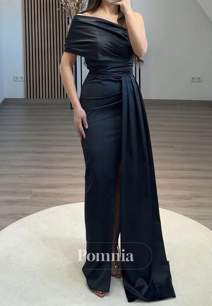 Black One Shoulder Sleeveless Ruched Evening Dress