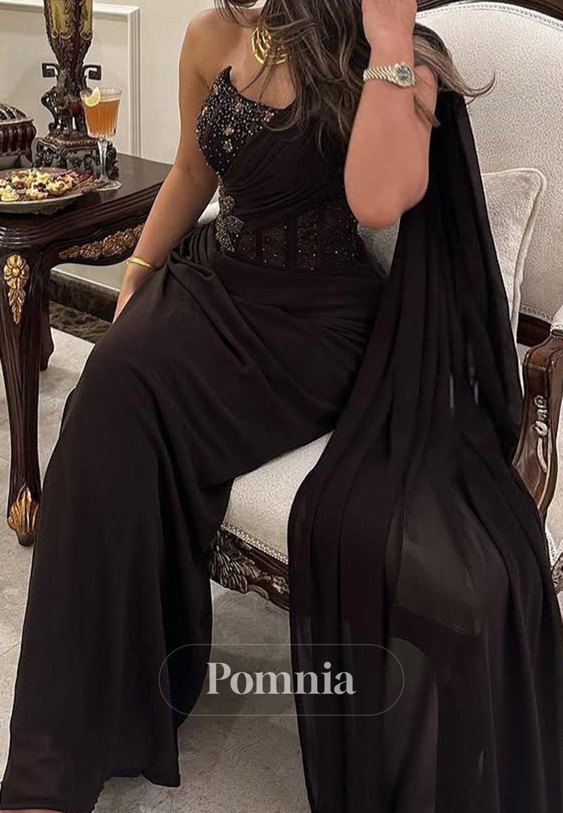 Black One Shoulder Sleeveless Sequins Corset Evening Dress