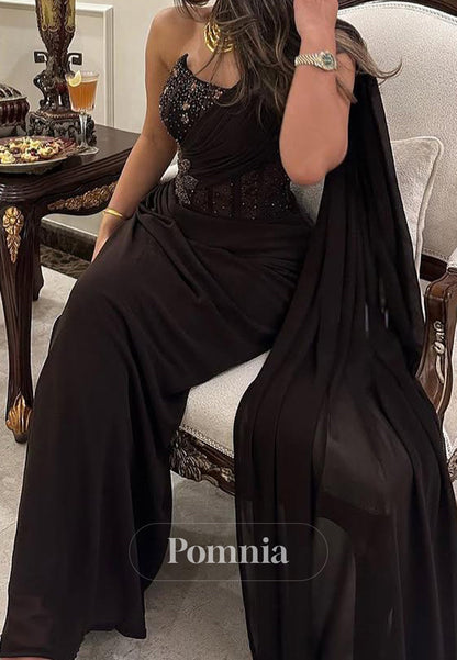 Black One Shoulder Sleeveless Sequins Corset Evening Dress