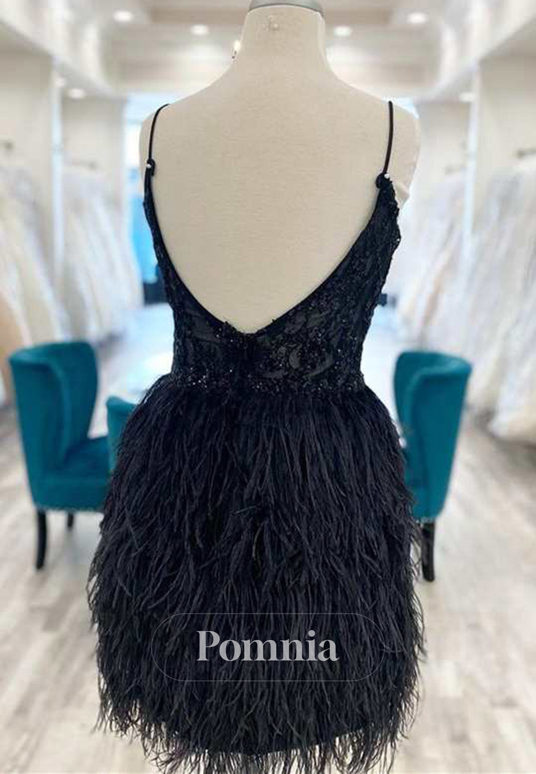Black Sequins V-Neck Feathered wMini Homecoming Dress
