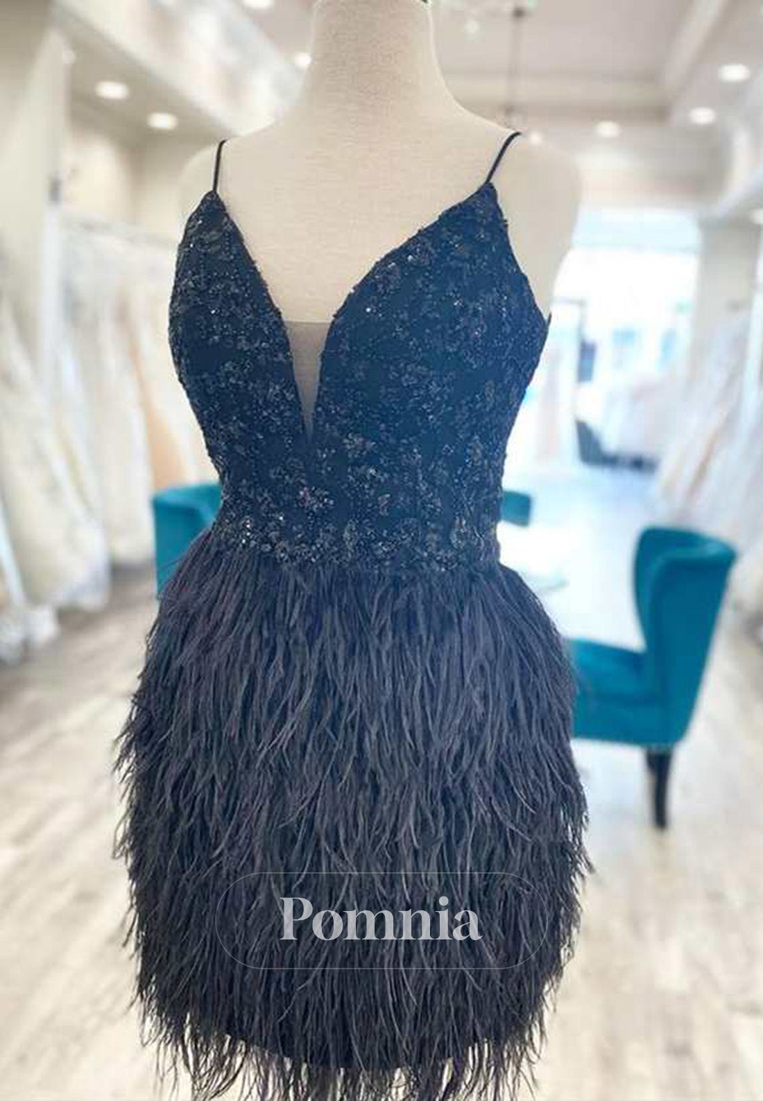 Black Sequins V-Neck Feathered wMini Homecoming Dress