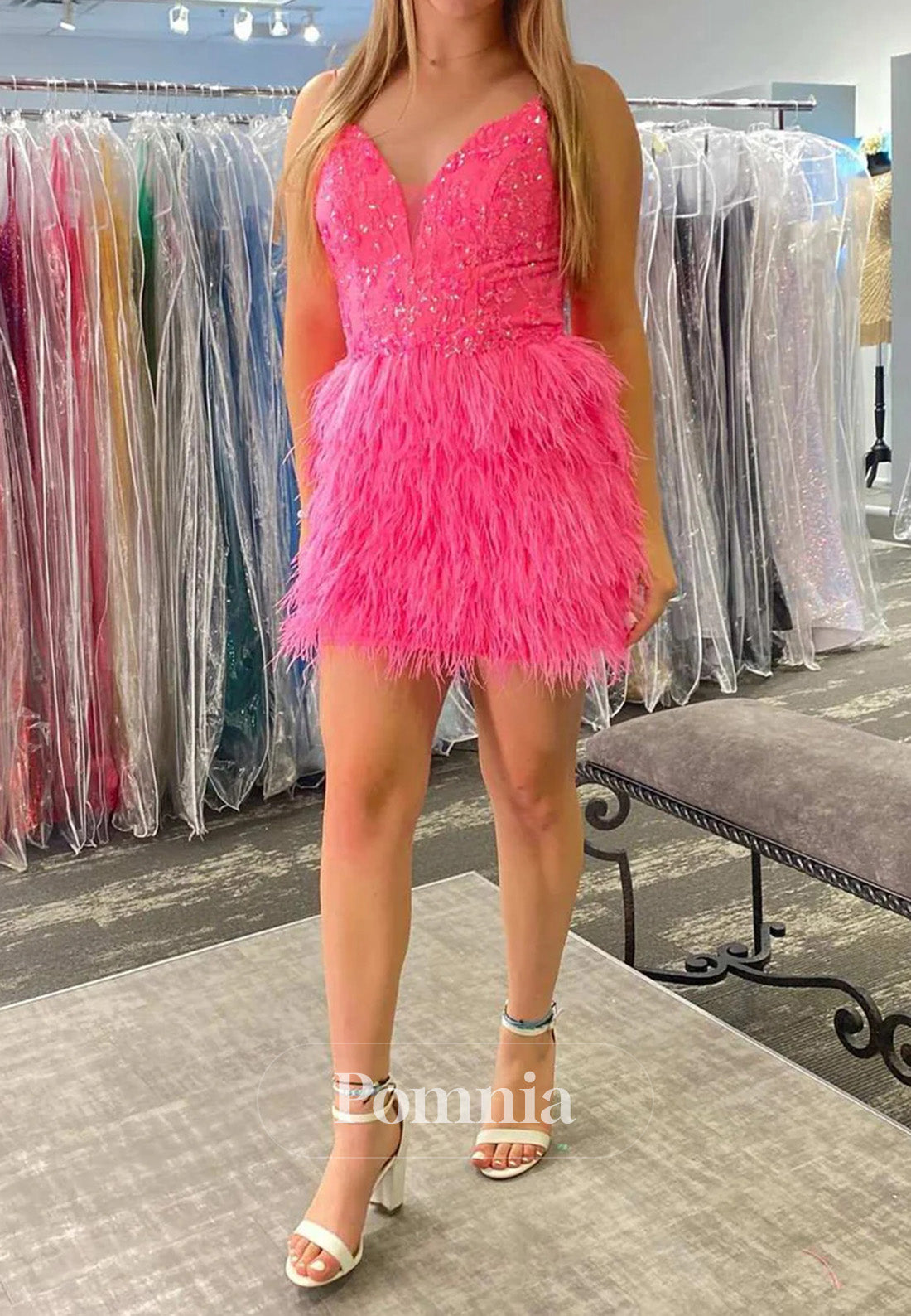 Black Sequins V-Neck Feathered wMini Homecoming Dress