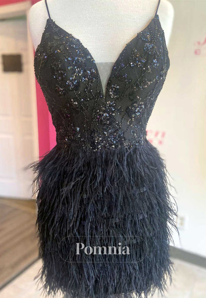 Black Sequins V-Neck Feathered wMini Homecoming Dress