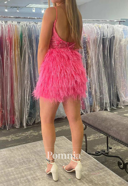 Black Sequins V-Neck Feathered wMini Homecoming Dress