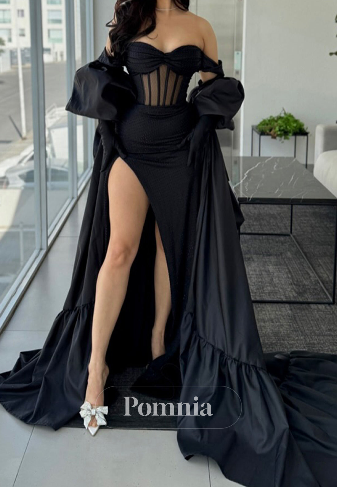 Black Sheath Sleeveless Corset Tulle Prom Dress with Slit