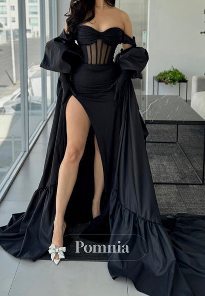 Black Sheath Sleeveless Corset Tulle Prom Dress with Slit