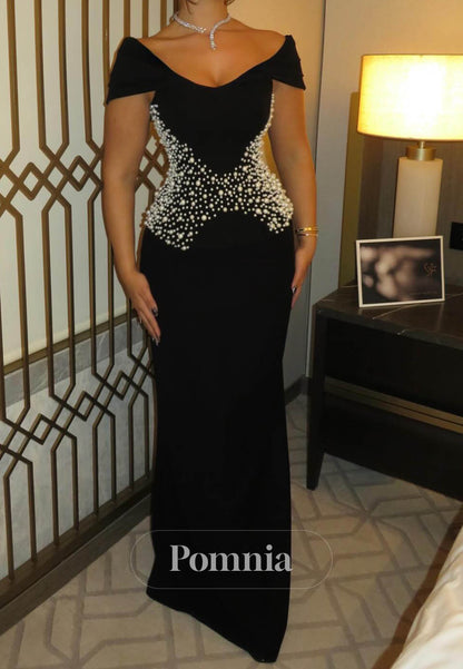 Black Short Sleeves Scoop Pearls Evening Dress
