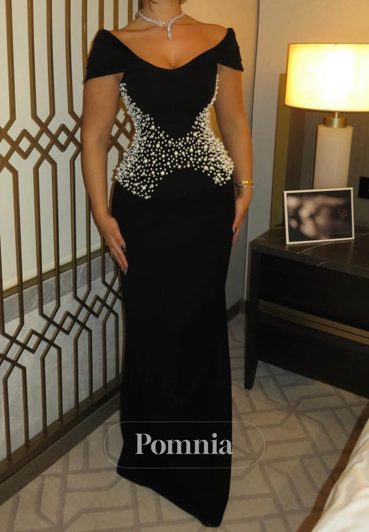 Black Short Sleeves Scoop Pearls Evening Dress