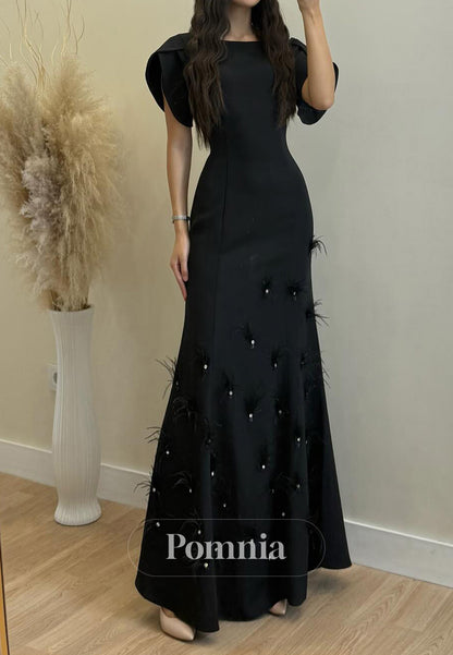 Black Short Sleeves Scoop Sequins A-Line Satin Prom Dress