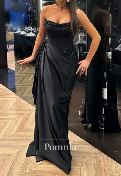 Black Sleeveless Scoop Pearls Ruched Floor-Length Evening Dress