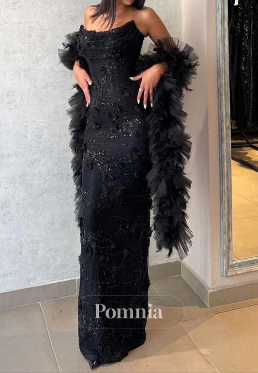 Black Sleeveless Strapless Appliques A-Line Prom Dress