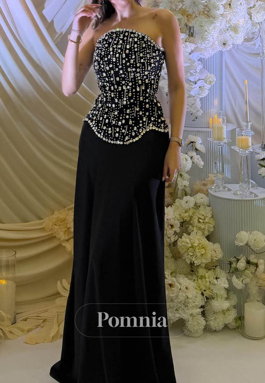 Black Sleeveless Strapless Beads A-Line Prom Dress