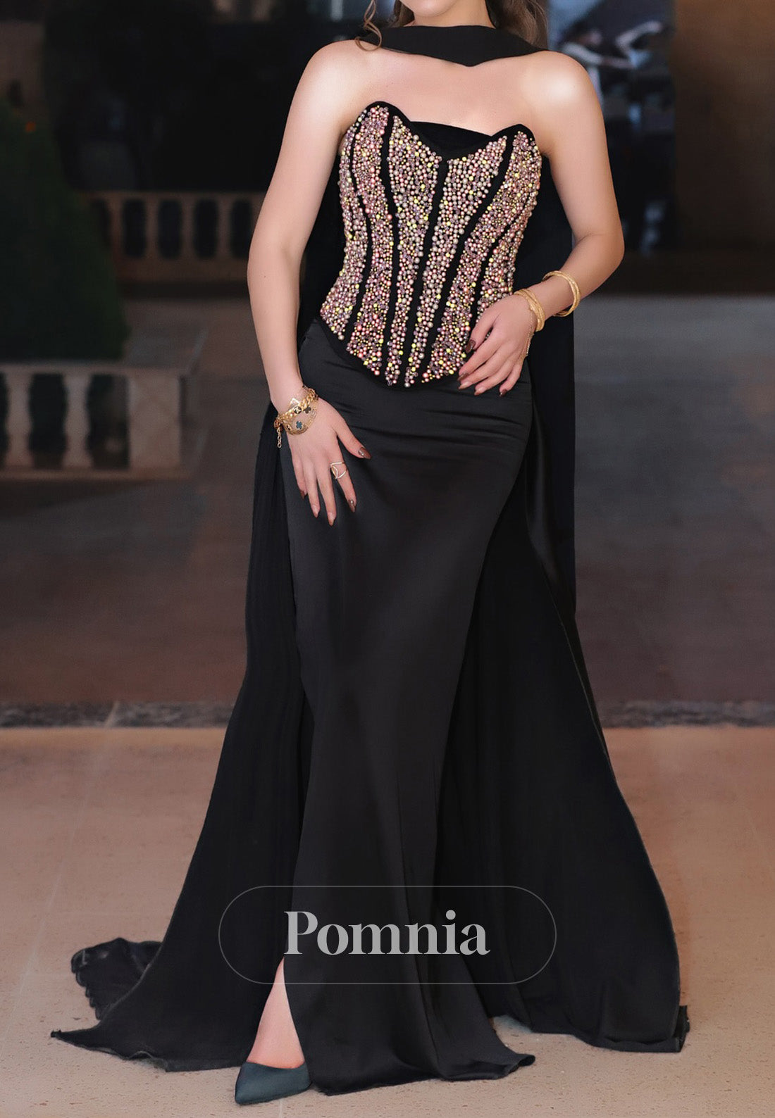 Black Sleeveless Strapless Beads Empire-Waist Evening Dress