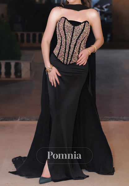 Black Sleeveless Strapless Beads Empire-Waist Evening Dress