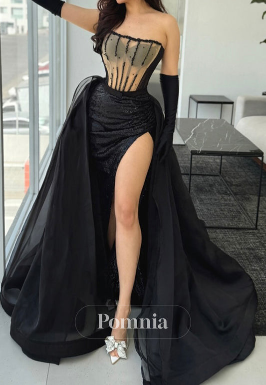 Black Sleeveless Strapless Corset Tulle Slit Ruched Prom Dress