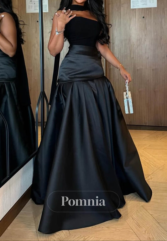 Black Sleeveless Strapless Empire-Waist A-Line Prom Dress