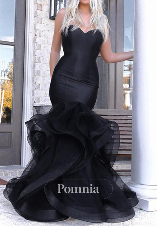 Black Sleeveless Strapless Mermaid Ruffles Prom Dress
