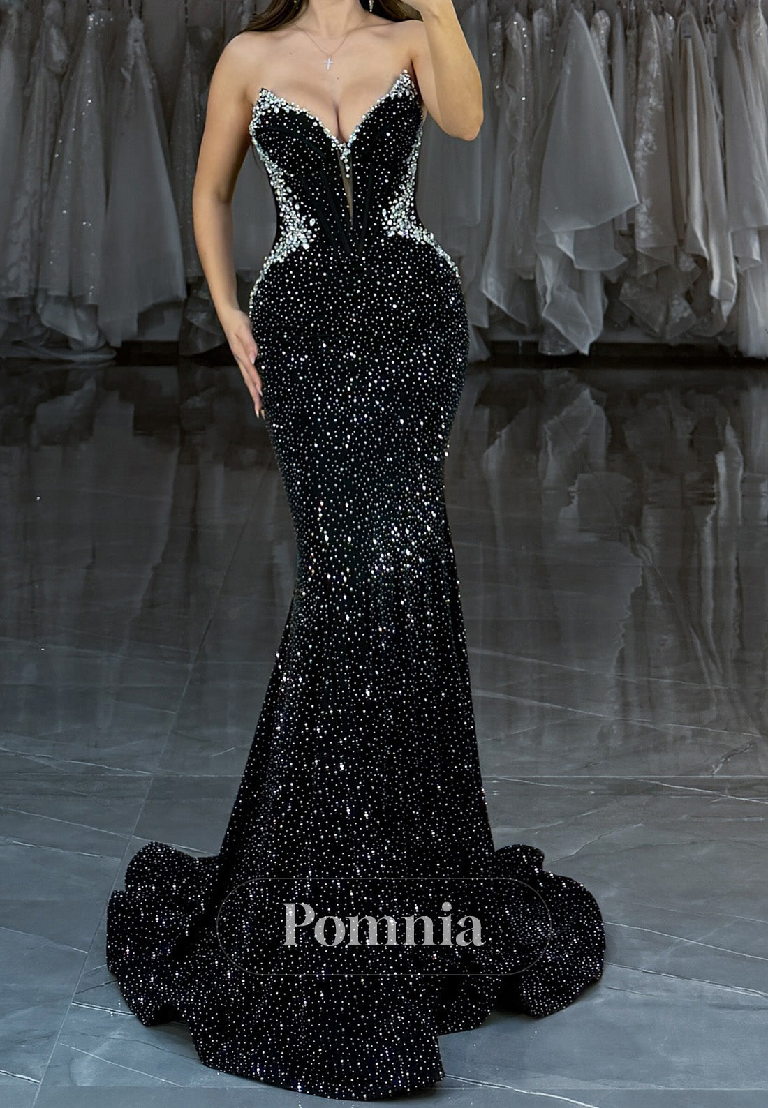 Black Sleeveless Strapless Sequins Mermaid Prom Dress