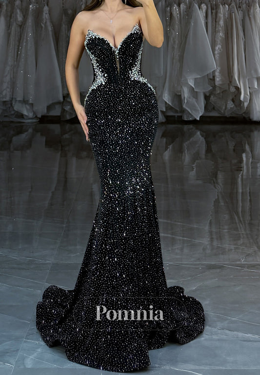 Black Sleeveless Strapless Sequins Mermaid Prom Dress