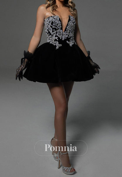 Black Sleeveless V-Neck Beads Short Homecoming Dress