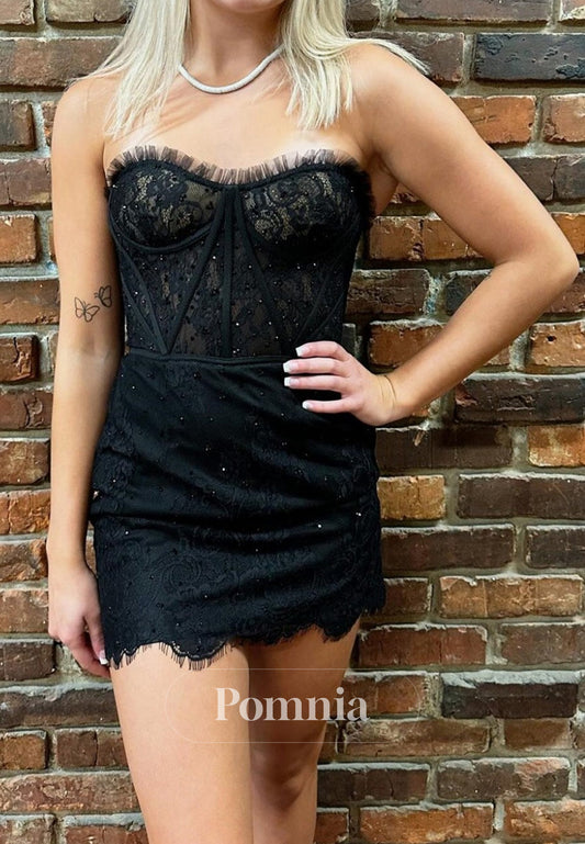 Black Sleveless Strapless Sequins Short Homecoming Dress