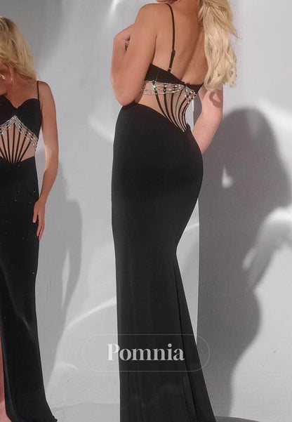 Black Spaghetti Straps Beads Side Slit Mermaid Prom Dress
