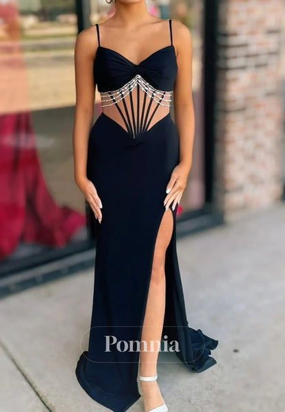 Black Spaghetti Straps Beads Side Slit Mermaid Prom Dress
